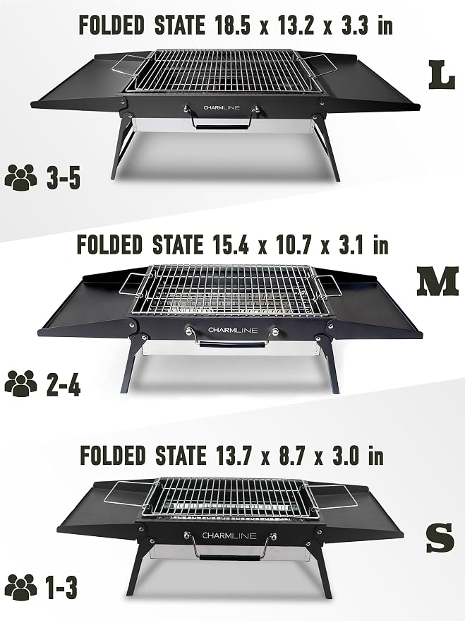 Charmline 18x13 inches Big Desktop Charcoal Grill, Liftable Grilling Net, Foldable Portable Grill for Indoor and Outdoor, BBQ Grill for Camping, Gardens, Picnics, Beach Parties, Black