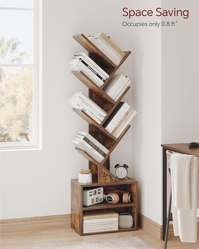 SUNMORY 6 Tier Tree Bookshelf with Lights, Bookcase with Storage Organizer | Dimmable LED Corner Bookshelf, Small Book Case, Narrow Floor Standing Book Shelf for Living Room, Bedroom & Home Office