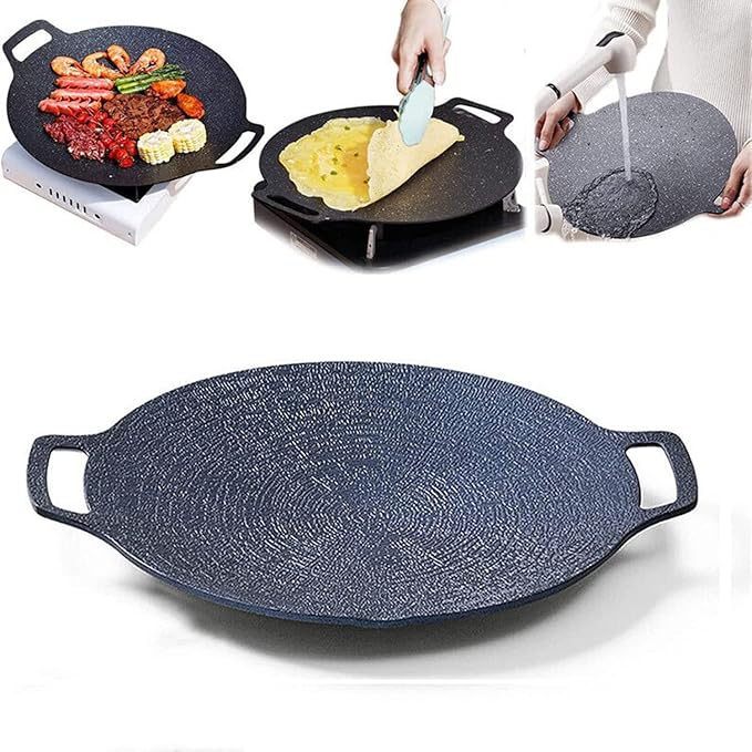 Multi-Function Medical Stone Grill Pan Non-Stick Pan,Korean BBQ Grill Pan, Compatible for Induction, Gas Stove, Electric Cooktop, Indoor or Outdoor Grilling (14 In)