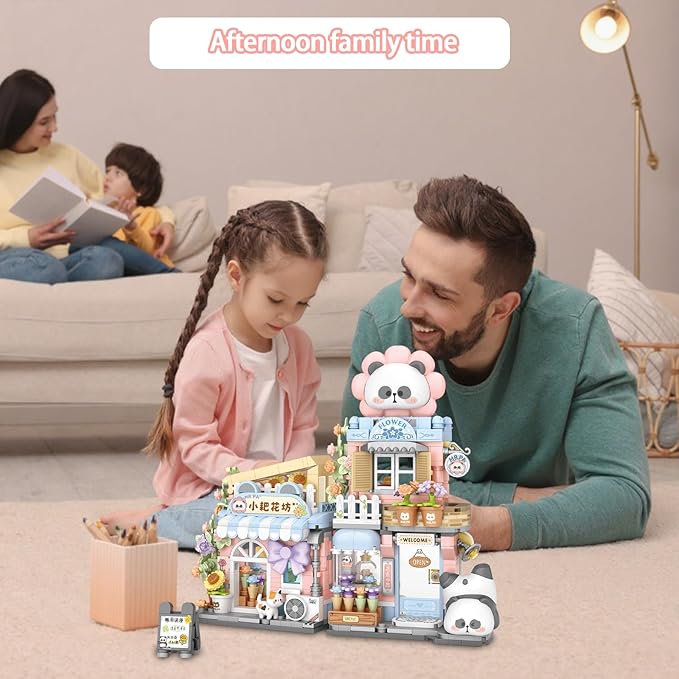 Cute Panda Mini Building Blocks Set, 810PCS MOC Mini Architecture Building Kits with Flower Shop Street View Design - STEM Educational Construction Gift for Girls Boys Kids Adults