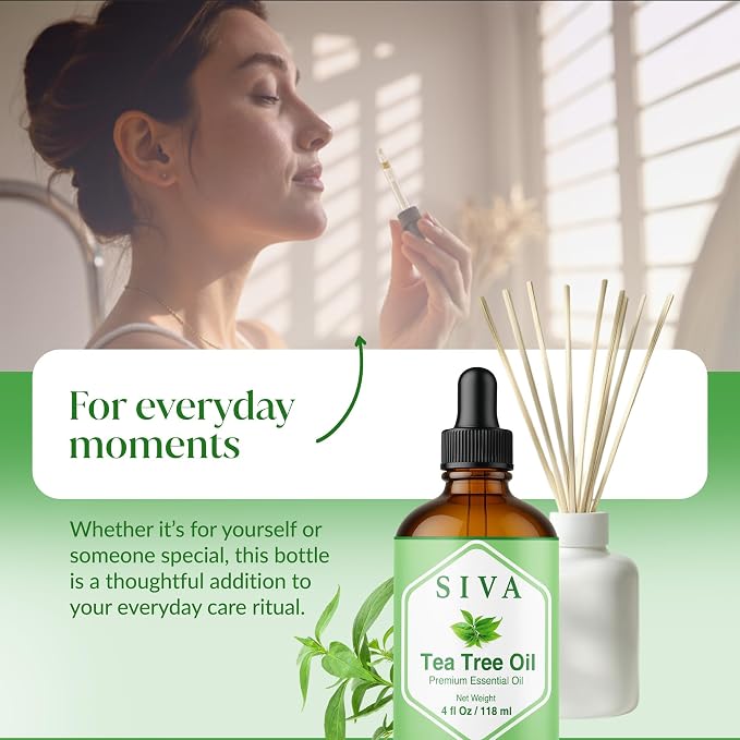 Siva Tea Tree Essential Oil 4 Fl Oz – for Diffuser, Skin & Hair Care – Ideal for Aroma, Massage & DIY Blends- with Dropper