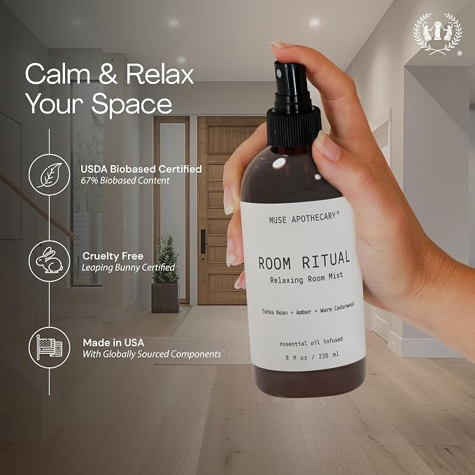 Muse Apothecary Room Ritual - Aromatic and Relaxing Room Mist, Infused with Natural Essential Oils - 4oz, Bergamot + French Lavender + Sandalwood - 2 Pack