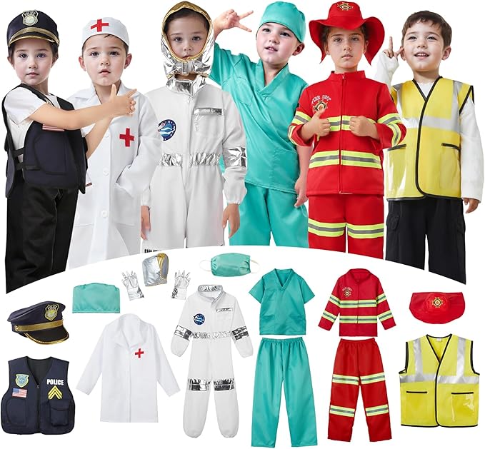 Homyrium Toddler Dress Up Clothes Boys Costumes 6 Set - Astronaut/Doctor/Fireman/Policeman/Construction for Age 3-8