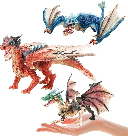 Mostop Dragon Toy Figures, 9’’ Realistic Battle Dragon Toys, 3 PCS Ancient Flying Dragon Figurines Plastic Fire Creature Dragon Models Decoration,Dragon Action Figure Kids Toys for Boys Girls Age 3+