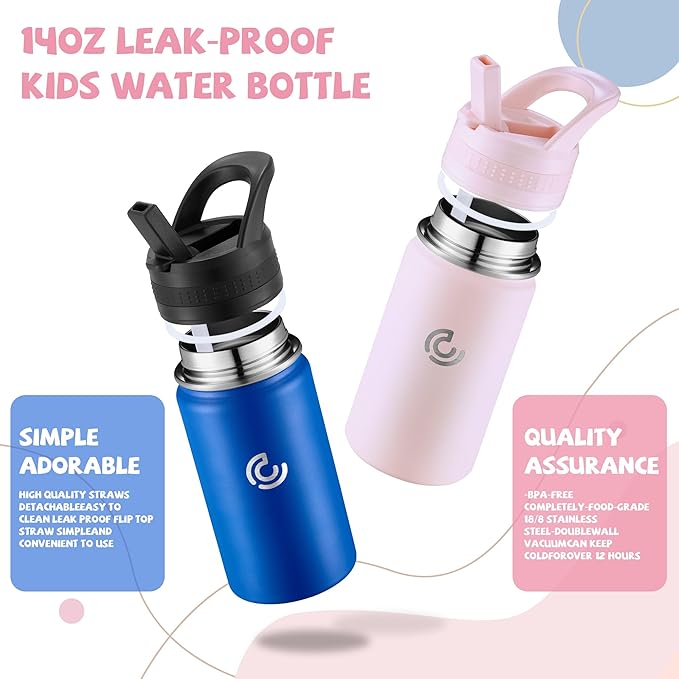 2 Pack Kids Water Bottle,14oz Stainless Steel Insulated Water Tumbler Leak-Proof,School Water Mug,Small and Portable,Suitable for Boys and Girls to Use(Pink + Blue)