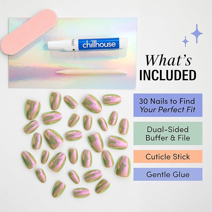 Chillhouse - Chill Tips, Press on Nails Kit - Patina Party (Oval) - 30 Nail Shapes & Sizes - Up to 2 Weeks of Wear - Customizable Fit - Reusable - Latina Founded & Women Owned - Beauty & Self Care