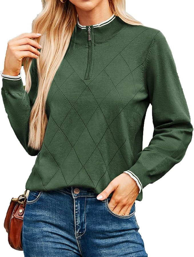 JACK SMITH Quarter Zip Pullover Sweaters for Womens, Rib Polo Sweater Tops | V Neck,Knit,Long Sleeve,Argyle,Open Pattern,Callar,Lightweight,Fashion,Golf Work Business Daily Wear Versatile Pullover Shirt