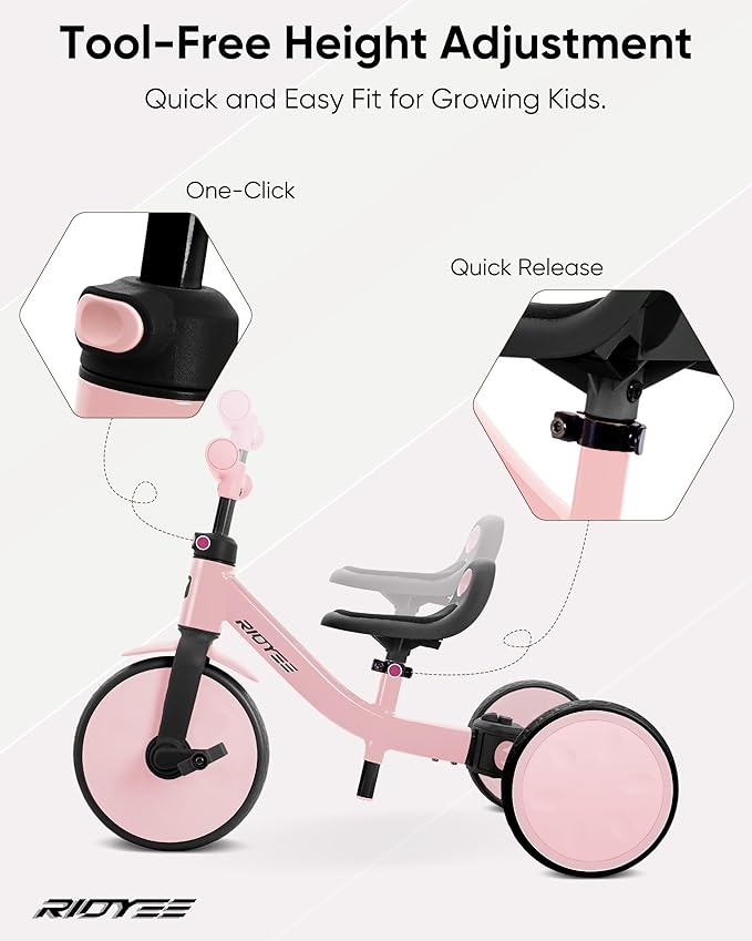 4-in-1 Toddler Tricycle for Ages 18 Months to 3 Years, Tool-Free Mode Switch, Tricycle for Toddlers 1.5-3 with One-Click Height Adjustment, Kids Trike and Balance Bike for 2 Years, Pink