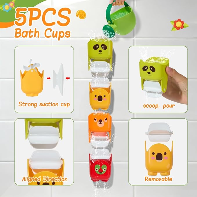 Mold Free Bath Toys, 17PCS | Safe Easy Clean & Fun Floating Boats & Rotating Waterfall Cups & Watering Can and No Hole Bath Toy for Babies 12+ Months | Bathtub Sand Beach Pool Water Toddler Toys