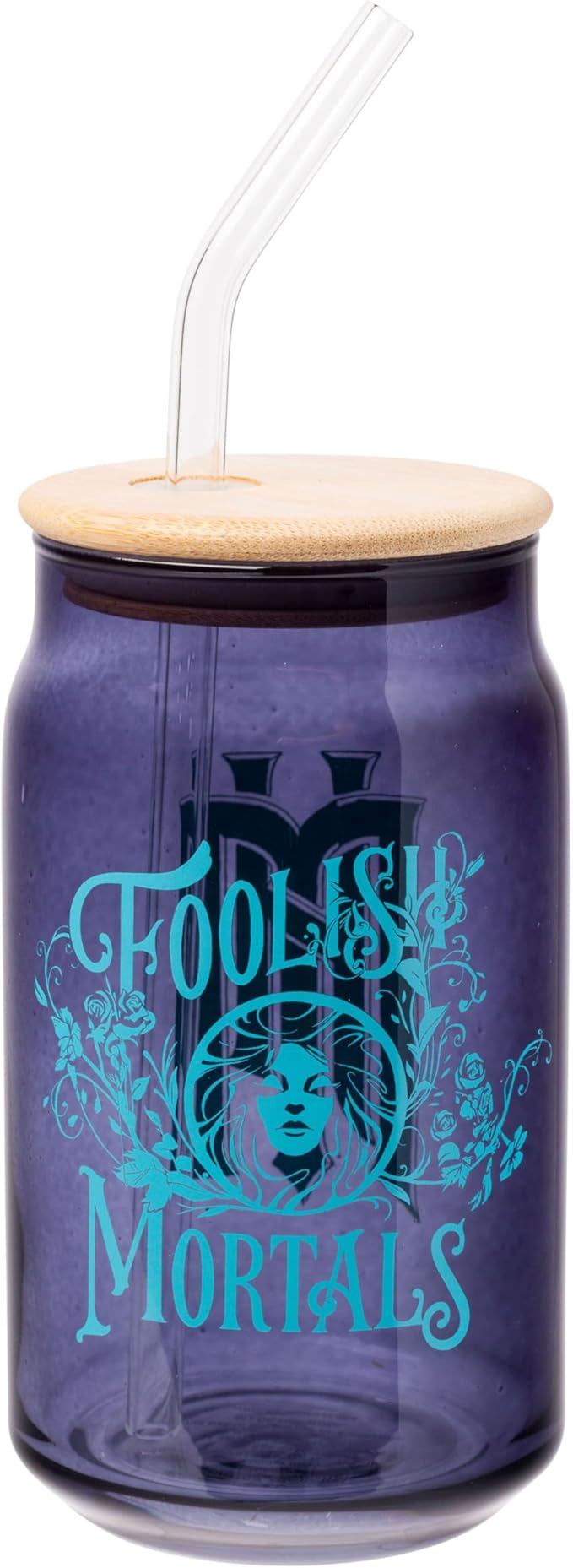 Silver Buffalo Disney Haunted Mansion “Foolish Mortals” Featuring Madame Leota Glass Jar Tumbler with Bamboo Lid and Glass Straw, 16 Ounces