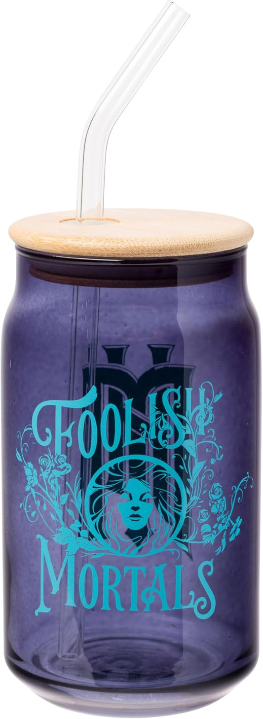 Silver Buffalo Disney Haunted Mansion “Foolish Mortals” Featuring Madame Leota Glass Jar Tumbler with Bamboo Lid and Glass Straw, 16 Ounces