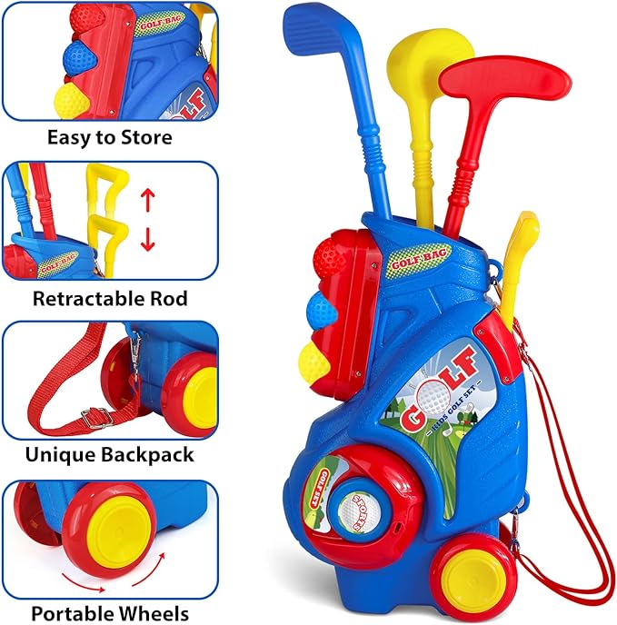 Toddler Golf Set for Boys Girls 2 3 4 5 Years Old, Upgraded Kids Golf Cart with 3 Clubs & 8 Balls, Outdoor Indoor Sports Toys Birthday Gift, Blue