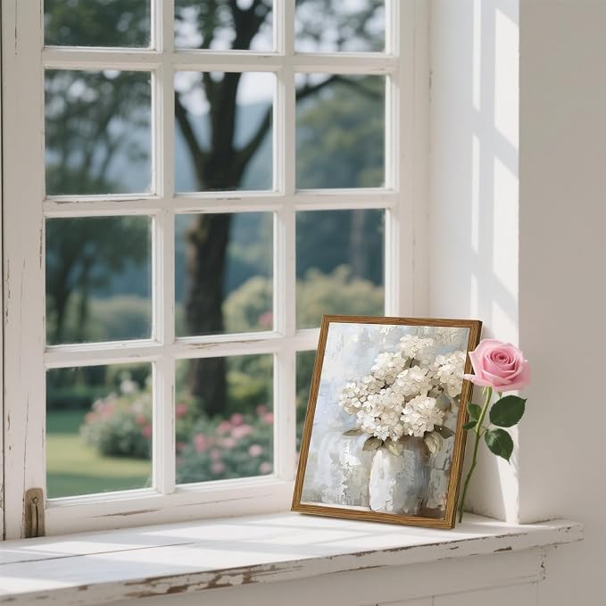 Framed Vintage Canvas Wall Art, White Hydrangea Floral Wall Decor Paintings, Flower Pictures Prints Aesthetic Home Decor for Living Room Bedroom Bathroom Office 8x10 inch
