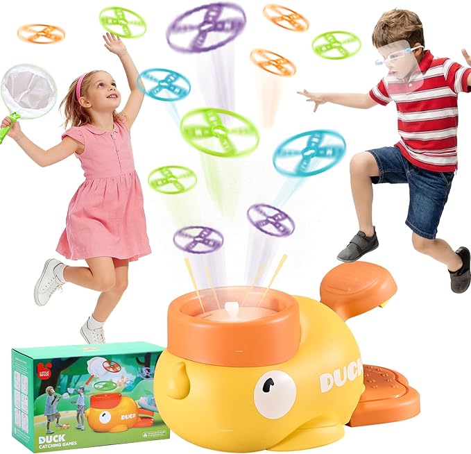 Duck Flying Disc Launcher for Kids: 12 Piece Flying Discs Launcher Throw and Chasing Catching Games - Outside Toys Kids Ages 3-5 6-8 Boys Girls Family Courtyard - Birthday Party Gift for Kids