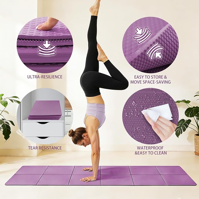 Foldable Yoga Mat Thick Non-Slip Exercise Mat - Packable Travel Fitness Mat with Carrying Bag for Yoga, Pilates, Workout, Home & Gym