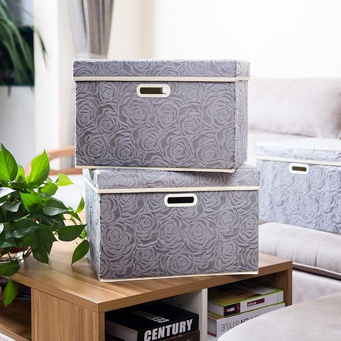 Large Storage Boxes with Lids [5-Pack] Fabric Decorative Storage Bins Cubes Organizer Containers Baskets with Handles for Closet Grey 17.5x11.8x11.8 In For 6+ Year Old Boys and Girls