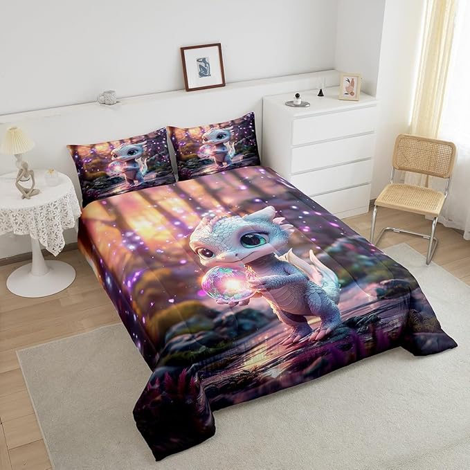 Feelyou Dragon Comforter Set Queen Size Cute Comforter for Boys Girls Teens Wild Life Bedding Set Dragon Decor Duvet Set Room Decor Pink Purple Quilt Set