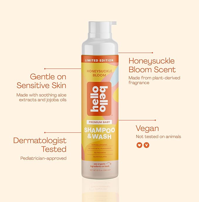 Hello Bello Baby Shampoo & Body Wash, Honeysuckle Bloom Scented, 10oz Bottle (Pack of 2)
