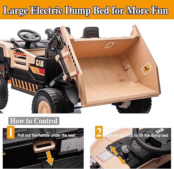 POSTACK 24 Volt Ride on Car with Remote Control, Ride on Construction Vehicle 4 Powerful Motors,20" Spacious 2 Seater Ride On Toddler Car Side by Side with Electric Dump Bed, Khaki