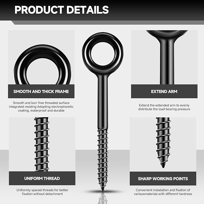 7 inch Eye Bolts - 4 Pcs Eyes Hooks Screw Heavy Duty 900 lbs Breaking Strength Black Rust-Resistant, Self Tapping Eyelet Screw for Wood Securing, Hammock Stand, Indoor & Outdoor Use
