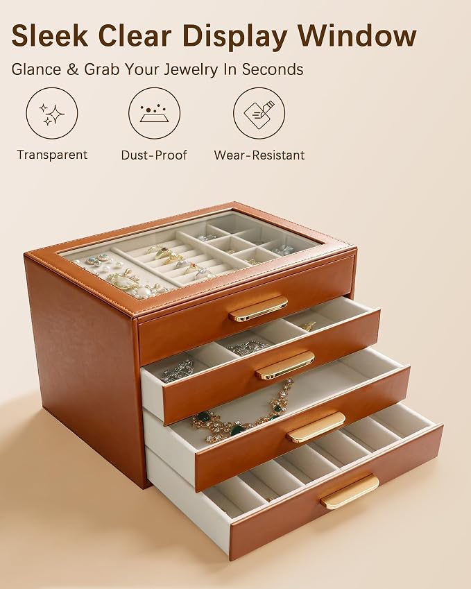 Homeanda Jewelry Boxes Organizer with Glass Lid, 4-Layer PU Leather, Brown | Modern style display case with 4 drawers for daily jewelry, women, mom or girl gift
