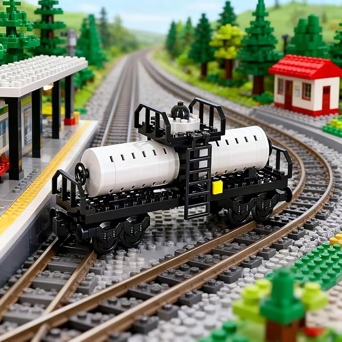 Freight Train Cars Building Block Set，Tanker Truck DIY Building Model, Compatible with Railway Track Building Accessories，Top Present for Boys and Girls (Tank Truck)