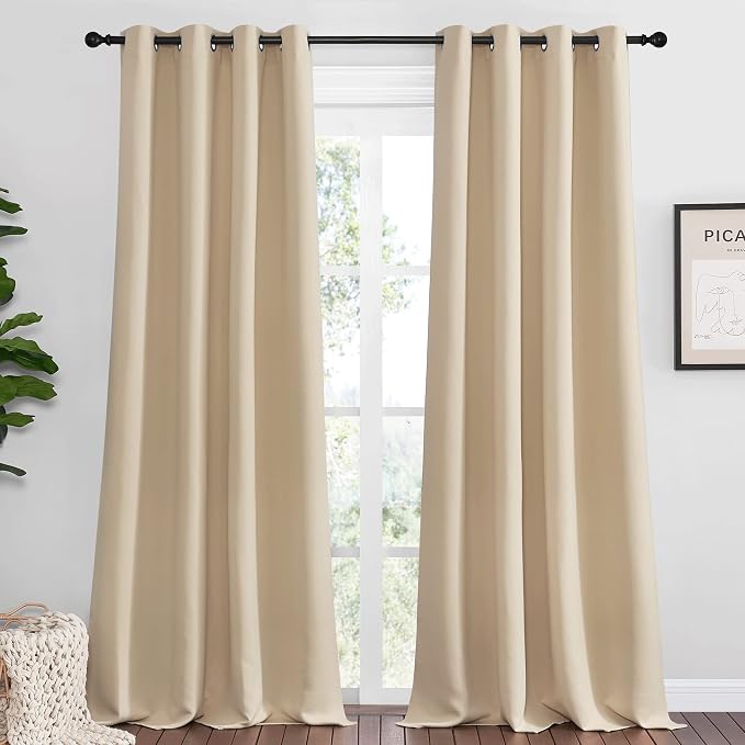 NICETOWN Bedroom Room Darkening Curtains, Biscotti Beige, 1 Pair, 55 inches by 108 Inch, Triple Weave Microfiber Grommet Top Thermal Insulated Solid Darkening Panels/Drapes for Kid's Room