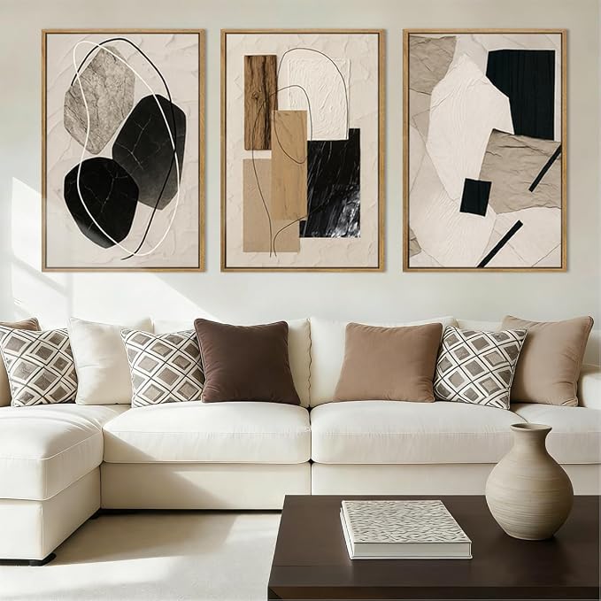 BINCUE Abstract Modern Wall Art Decor Framed Neutral Painting Prints Artwork for Living Room Bedroom 16x24 Inch Set of 3
