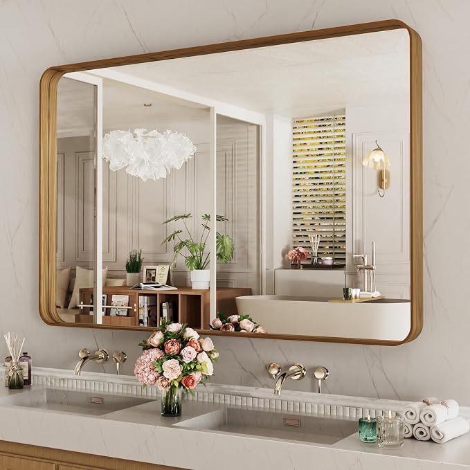 LOAAO 48X32 Inch Bathroom Mirror with Wood Grain Colored Metal Frame | Rounded Rectangle Metal Framed, Anti-Rust, Hangs Horizontally or Vertically, Tempered Glass