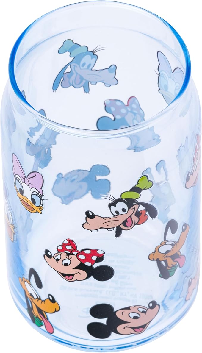 Silver Buffalo Mickey and Friends Pattern Glass Tumbler with Bamboo Lid and Glass Straw Featuring Minnie Mouse, Pluto, Goofy, Daisy Duck, Donald Duck, and Mickey Mouse, 16 Ounces