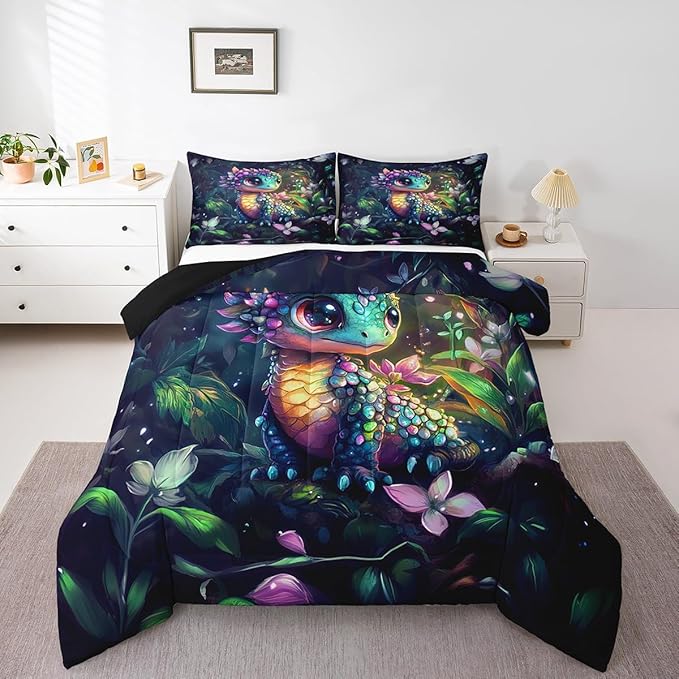 Feelyou Dragon Comforter Set Full Size Dragon Stuff Comforter for Boys Girls Teens Wild Life Bedding Set Flower and Grass Duvet Set Room Decor Balck Green Quilt Set