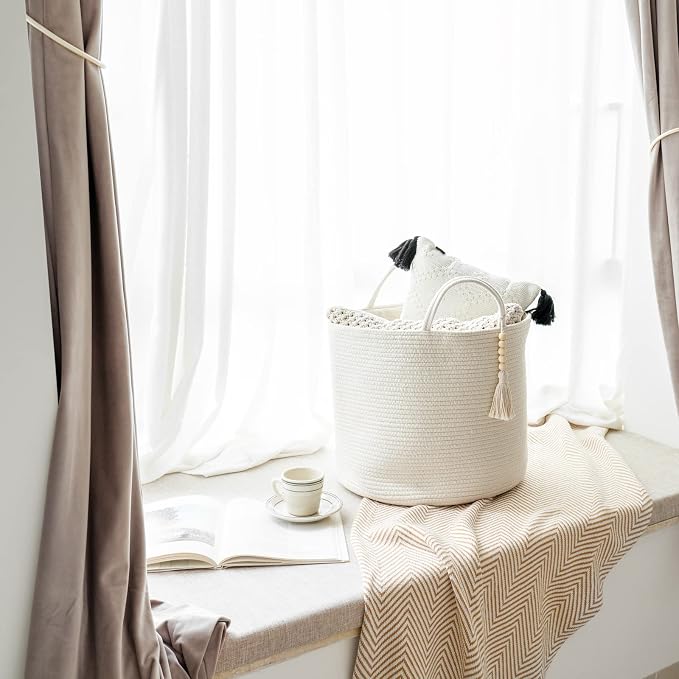 Mkono Woven Storage Basket for Blanket, Toys Plant Organizer, 16"W x 13.8"L | White, Cotton, Decorative Basket with Handle, Wood Beads Tassel, Shoes Towel Clothes Storage Bin, Living Room Bedroom Nursery