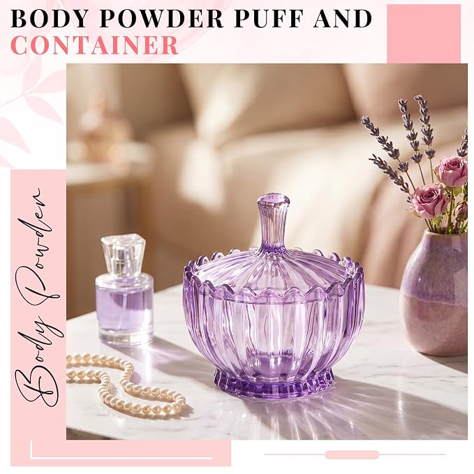 Tioncy 2 Pcs Extra Large Dusting Powder Puff and Container for Women-6'' Glass Crystal Dusting Powder Container Soft Washable Reusable Velour Face(Purple,Scalloped)