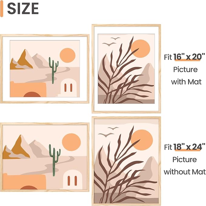 upsimples 18x24 Picture Frame, Display Pictures 16x20 with Mat or 18 x 24 Without, Wall Hanging Poster Frames, Natural Style, 1 Pack