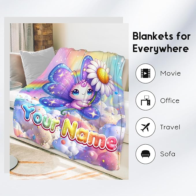Girls Blankets - Customizable Butterfly Blanket Gifts - 4 Sizes Cute Cozy Soft Flannel Throw for Couch, Office Bed