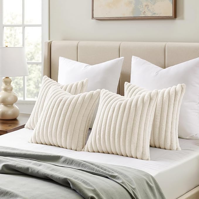 MIULEE Faux Fur Plush Decorative Throw Pillow Covers 20x20, Cream White | Set of 4, Striped, Soft Modern Cozy Home Decor, Cushion Cases for Sofa Couch Bed Living Room