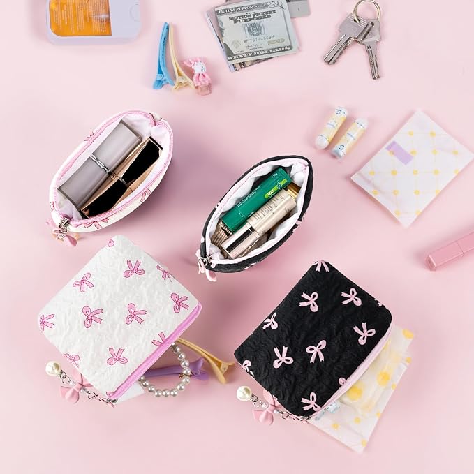 Mini Makeup Bag, Small Bow Tie Cosmetic Bag for Purse with Keychain, Portable XS Travel Makeup Pouch for Daily Use (Pink)