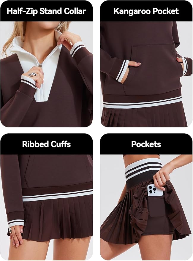 Airfree Women Two Piece Tennis Skirt Set Golf Outfits Half Zip Oversize Pullover Sweatshirt 2 Piece Skirt Sets with Pockets