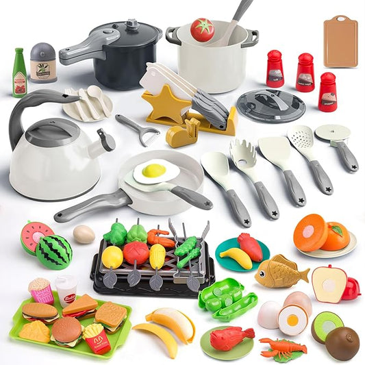 105Pcs Kids Kitchen Toy Accessories, Toddler Pretend BBQ Camping Cooking Playset, Play Pots, Pans, Utensils Cookware Toys, Play Food Set, Vegetables, Learning Gift for Girls Boys