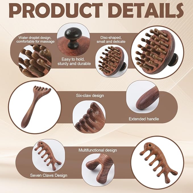 WOVTE 3 Pcs Wooden Head Scalp Massager Comb, Sandalwood Scalp Massager for Hair Growth, Wood Wide Tooth Loc Comb Gua Sha Tool for Women Men, with Gifts Bag