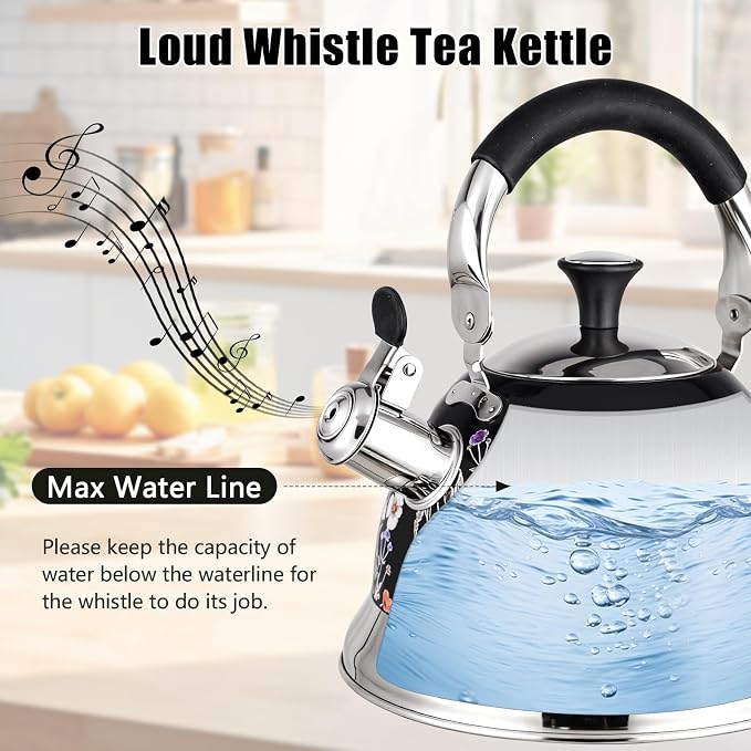 Stainless Steel Whistling Tea Kettle Stovetop - 3.1QT Tea Pot for Stove Top, Vintage Floral Print, Foldable Handle, 304 Stainless Steel Interior Teatop for Tea, Coffee, Party & Gift