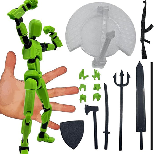3D Printed Enlarge Body Size 8.1-inch Action Figure Dummy20, Full Body Mechanical Movable Toy, Multiple Accessories, Desk Decoration (Bracket, 3 HandsType, Weapons, Armour) (Green)