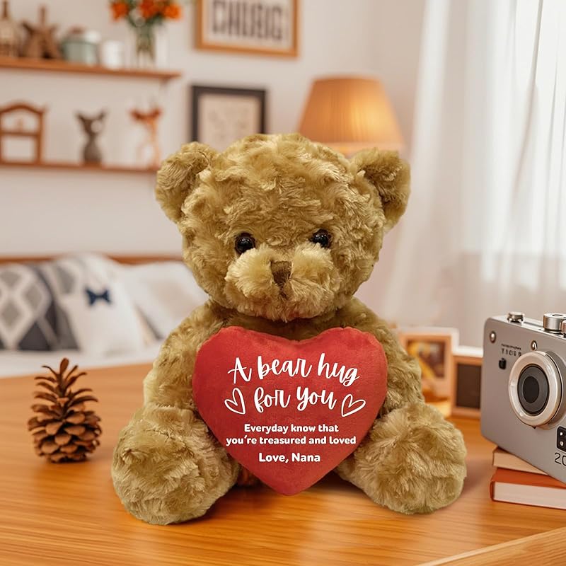 Personalized Teddy Bear Stuffed Animal with Heart, 9.8 Inch Custom Bear Plush with Name Text Logo, Christmas Birthday Gift for Girls Kids Adults Valentines Graduation Keepsake