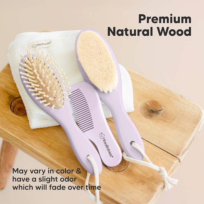 Wooden Baby Hair Brush Set for Newborns, Toddlers - Soft Goat Bristle Baby Brush and Comb Set Newborn Grooming Kit for Cradle Cap Care, Durable & Gentle, Boy, Girl Infant Essentials (Regular, Thistle)