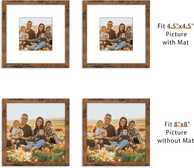 Picrit 8x8 Picture Frame Set of 12, Display 5x5 with Mat or 8 x 8 without Mat, Photo Frames for Wall Mounting or Table Top Display, Brown