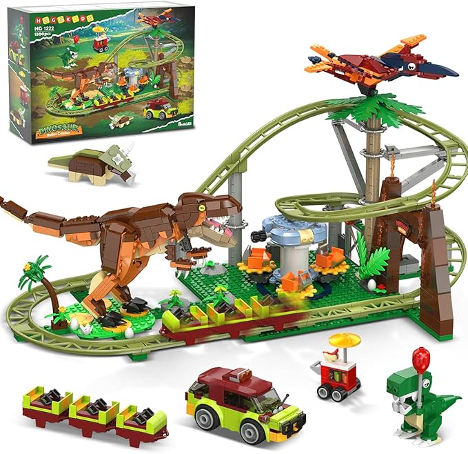 HOGOKIDS Dinosaur Roller Coaster Building Set - 1222PCS Rollercoaster Building Toy with 4 Dinosaur, Off-Road Vehicle, Food Cart, Dinosaur Models Playset Gift for Adults Kids Girls Boys Ages 8-12 Year