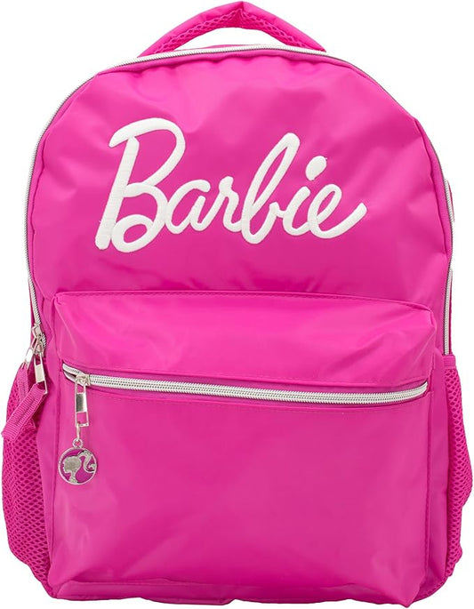 AI ACCESSORY INNOVATIONS Barbie Backpack for Girls, Bookbag with Adjustable Shoulder Straps & Padded Back, Barbie Pink 16 Inch Schoolbag with Raised Embroidered Logo, Durable School Bag for Kids