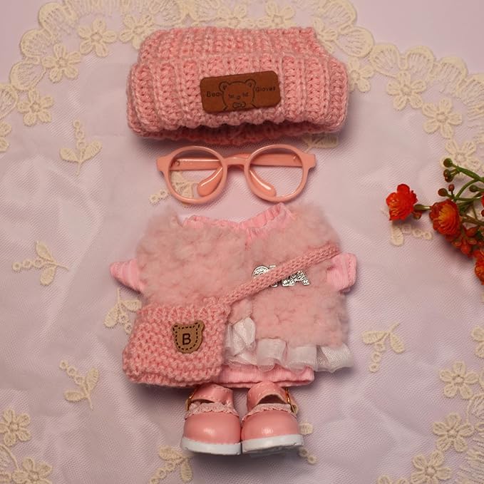6 Piece 17cm Doll Clothes, Fun Dress-Up Outfit Set with Accessories for 17cm Dolls, Pink Style Outfit Set with Undershirt + Plush Vest + Knitted Hat + Small Bag + Shoes + Glasses, No Doll Included