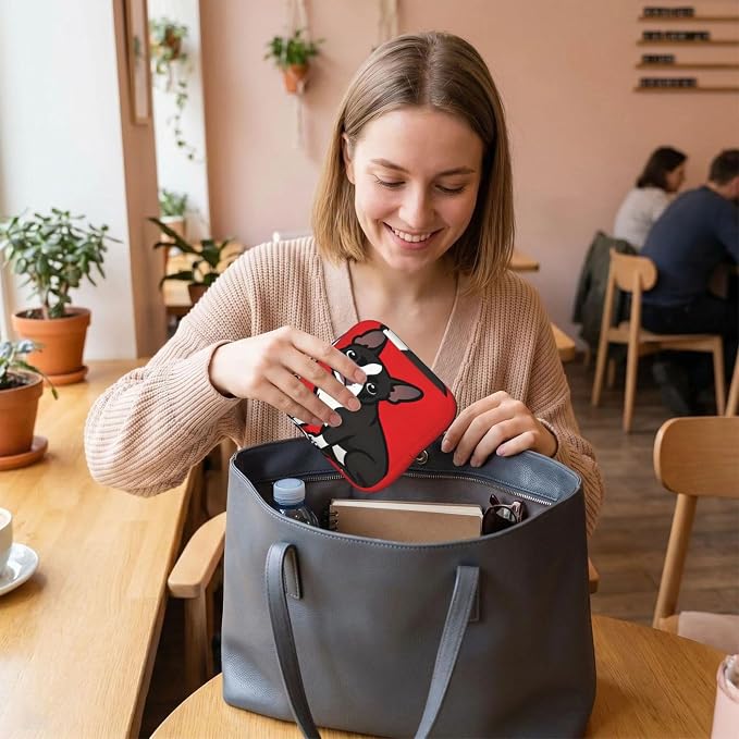 Multifunctional Period Storage Bag for Women Boston Terrier Dog Red, Compact Tampon Holder Pouch, Polyester Pad Bag Stores Cosmetic Jewelry Keys