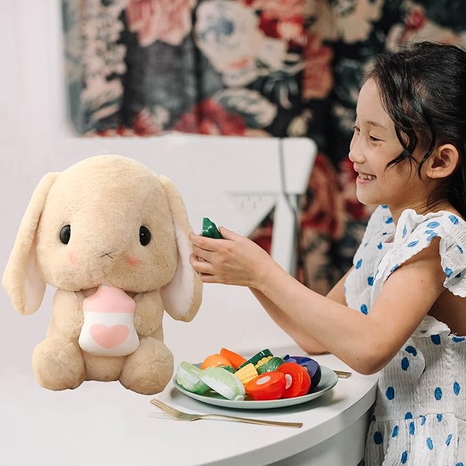 HOUPU Soft Toy - Sitting Lop Eared Rabbit, Easter White Rabbit Stuffed Bunny Animal with Carrot Soft Lovely Realistic Long-Eared Standing Pink Plush Toys (Brown-Milk Bottle,12.5in/32cm)